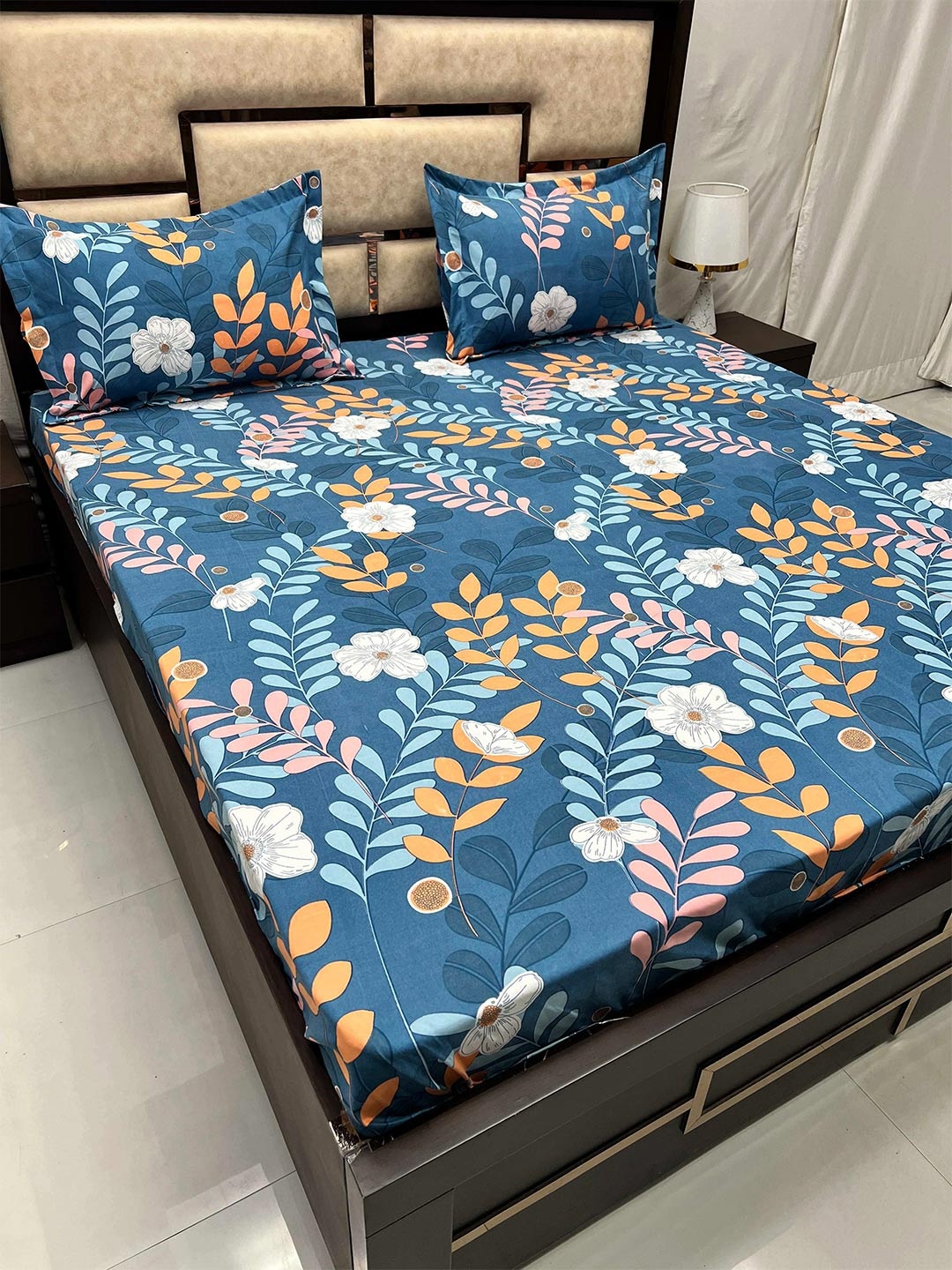 

Pure Decor Blue & Orange Floral Cotton 300 TC Queen Bedsheet with 2 Pillow Covers