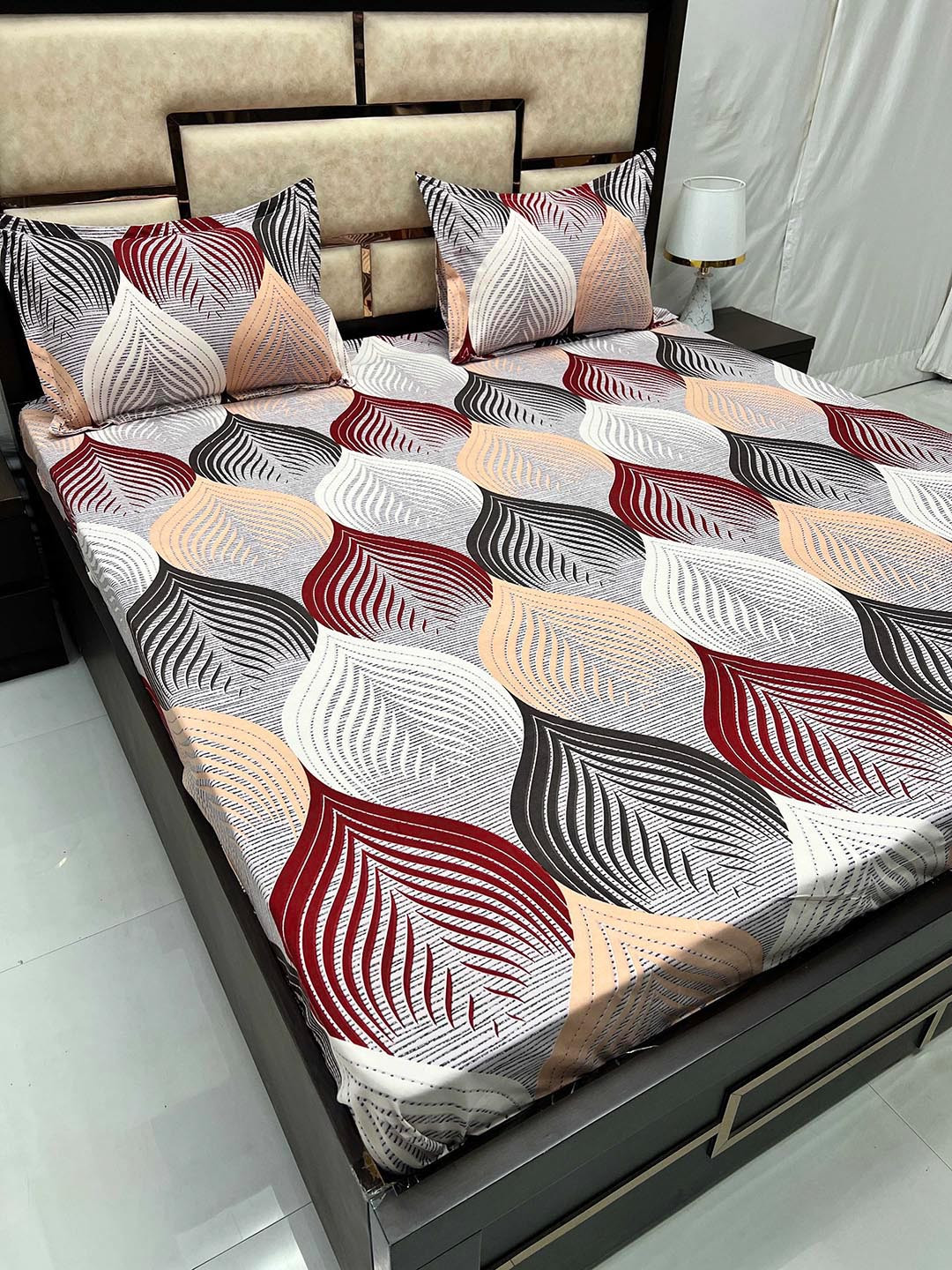 

Pure Decor Grey & Maroon Floral Cotton 300 TC Queen Bedsheet with 2 Pillow Covers