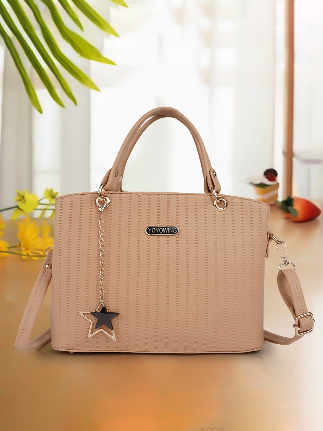 

YOYOWING Textured Handheld Bag with Tasselled, Beige