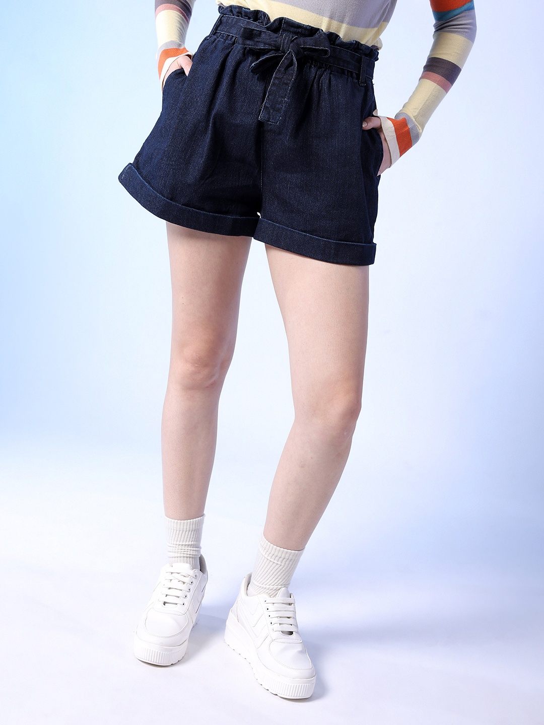 

Freehand by The Indian Garage Co Women Blue Slim Fit High Rise Denim Shorts