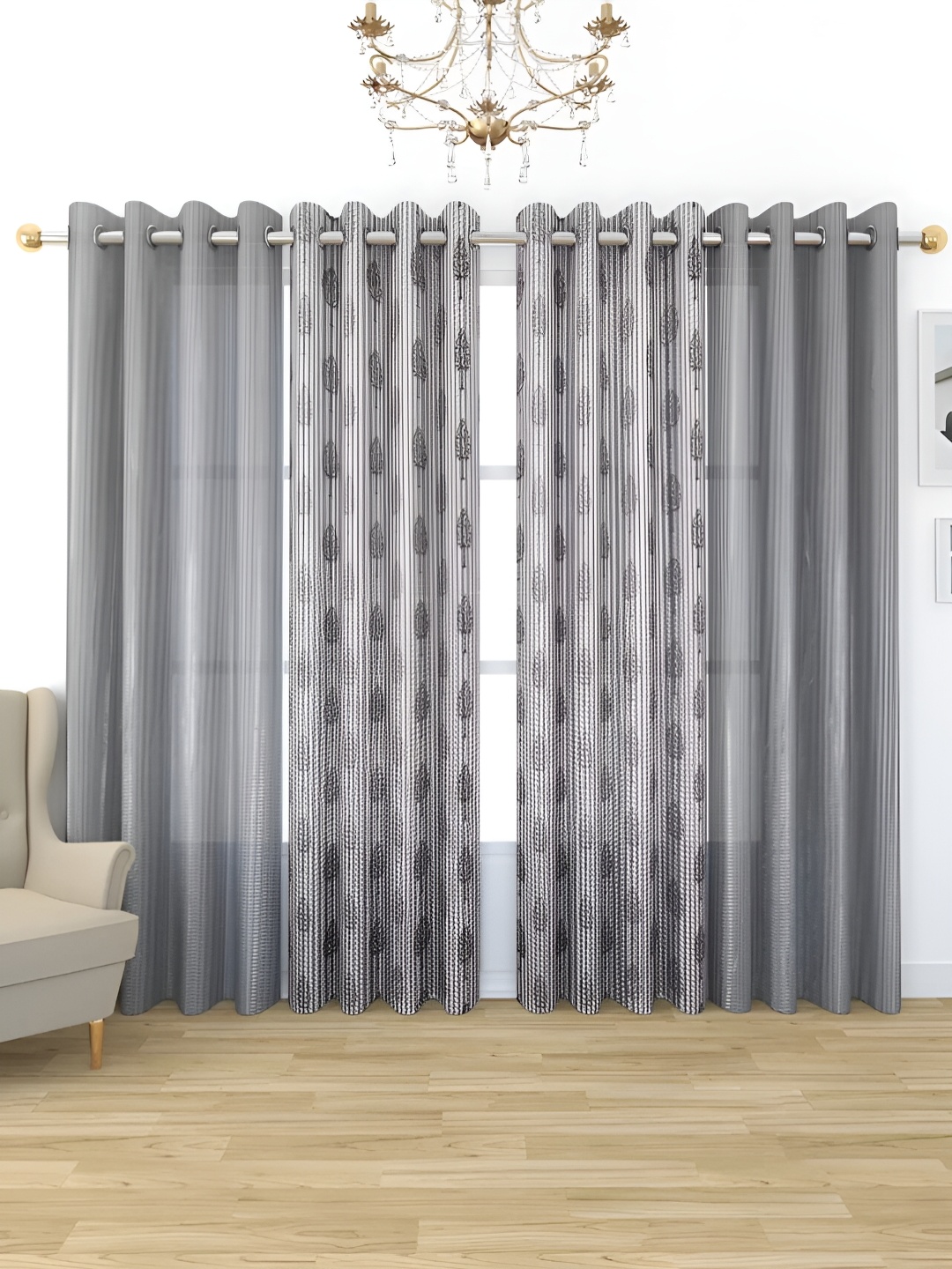 

stuffique Grey & Black 4 Pieces Floral Printed Sheer Window Curtains