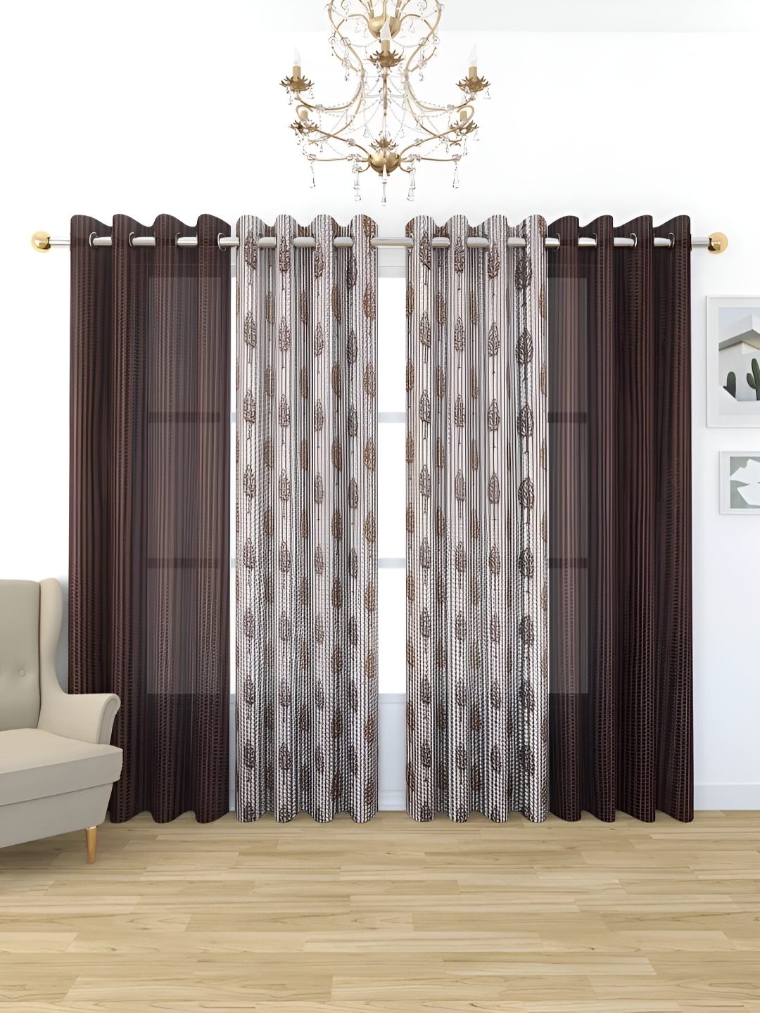 

stuffique Brown & Grey 4 Pieces Floral Printed Sheer Window Curtains