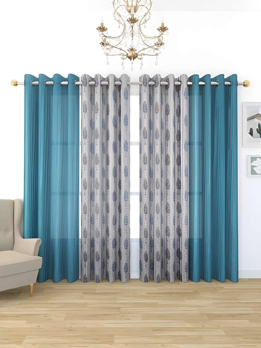 

stuffique Teal & White 4 Pieces Floral Printed Sheer Long Door Curtains