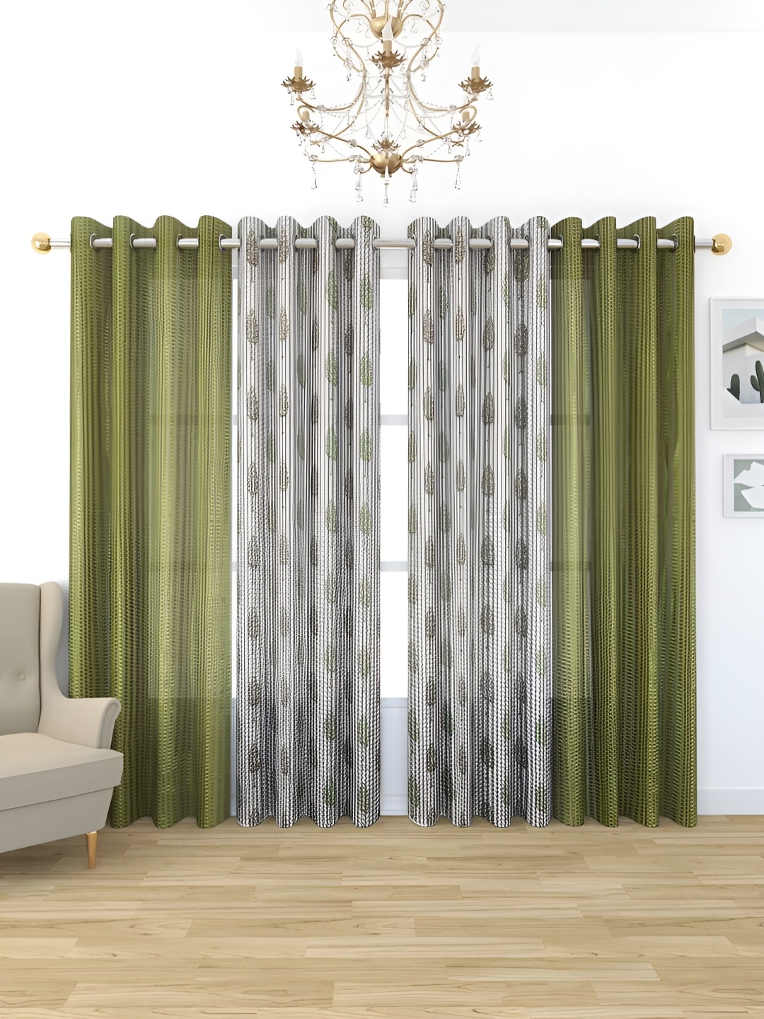 

stuffique Green & White 4 Pieces Floral Printed Sheer Window Curtains