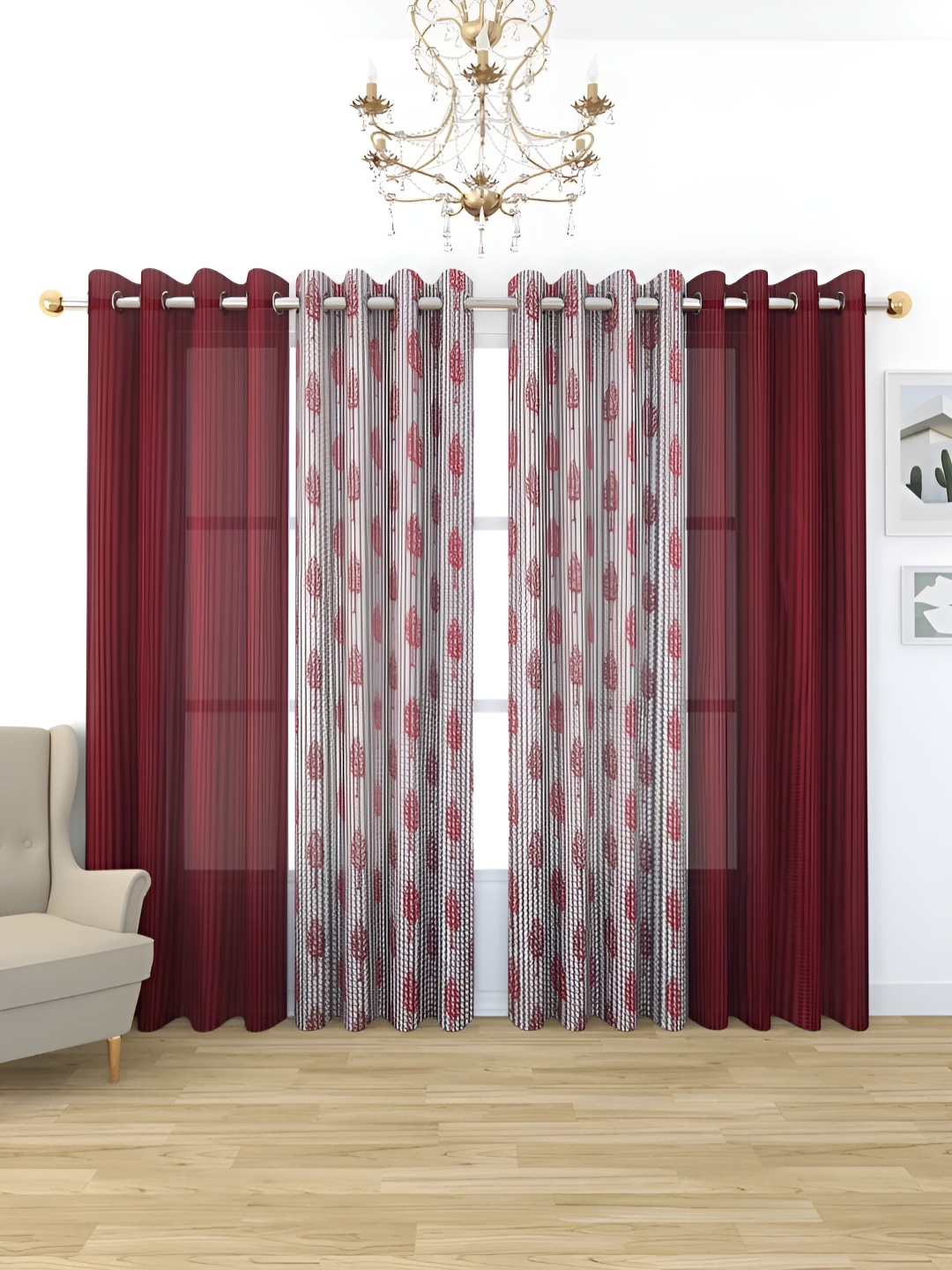 

stuffique Maroon & White 4 Pieces Floral Printed Sheer Window Curtains