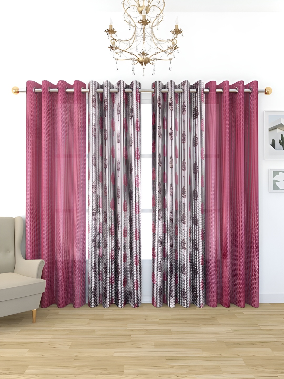 

stuffique Pink & White 4 Pieces Floral Printed Sheer Window Curtains