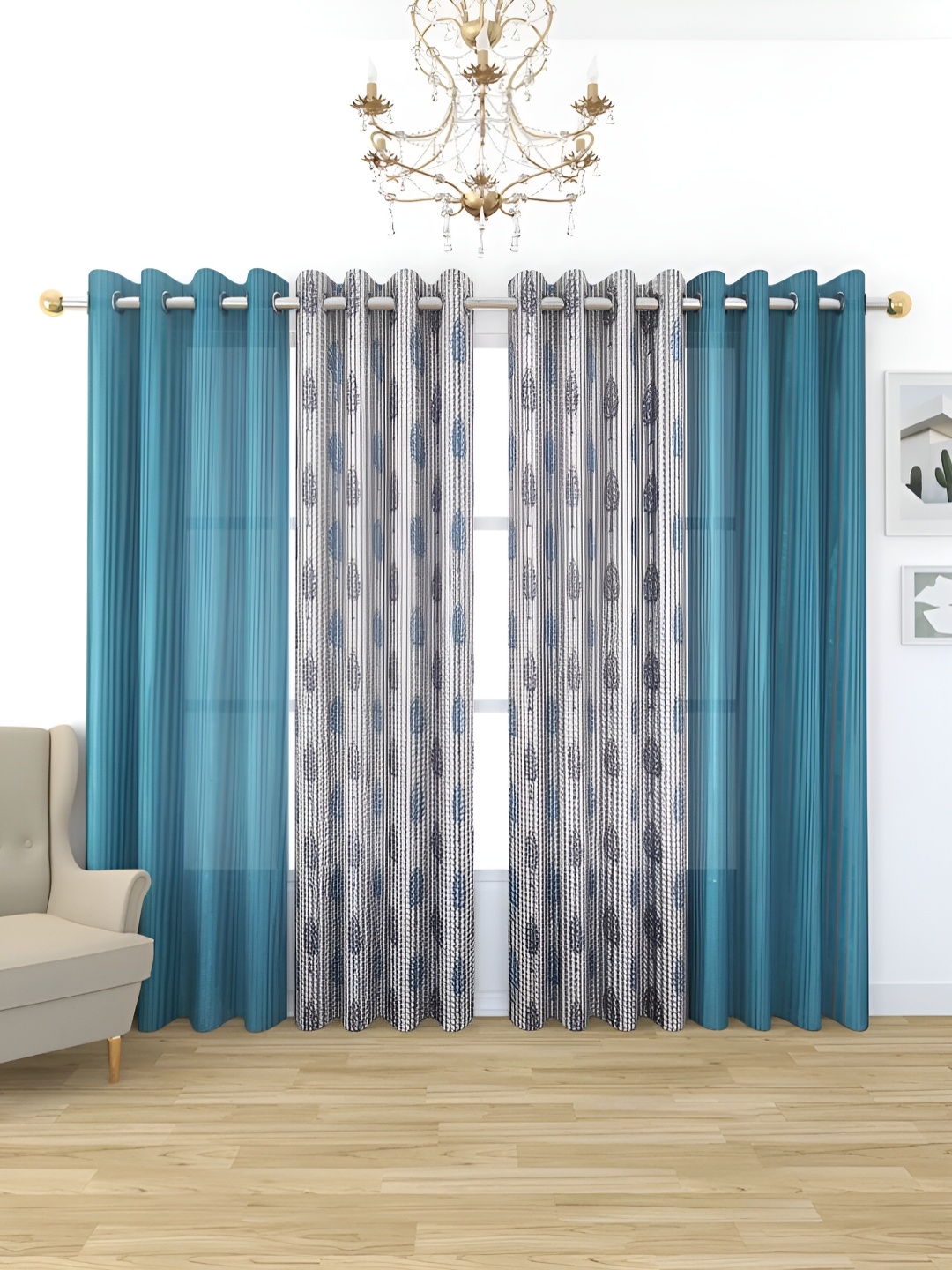

stuffique Teal & White 4 Pieces Floral Printed Sheer Window Curtains