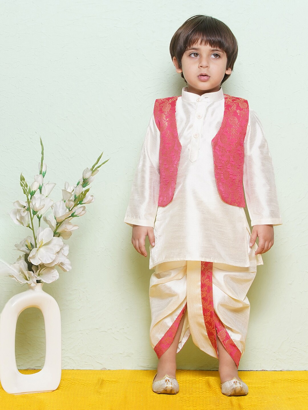

Aj DEZInES Boys Ethnic Motifs Pure Cotton Kurta & Waistcoat With Dhoti Pants, Pink