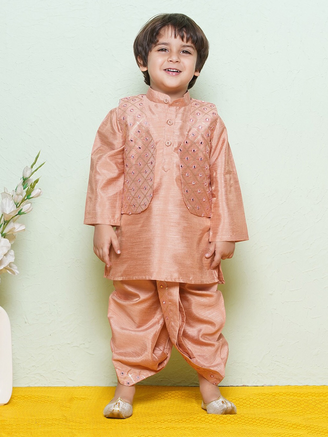 

Aj DEZInES Boys Sequinned Pure Cotton Kurta & Waistcoat With Dhoti Pants, Peach