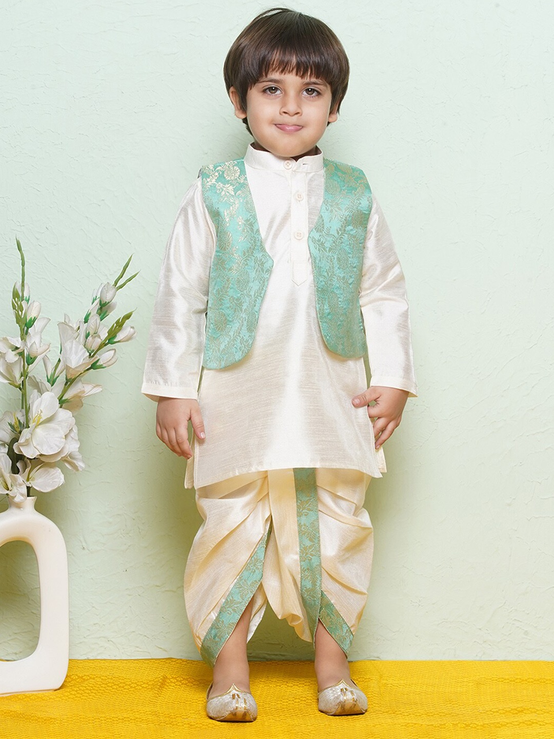 

Aj DEZInES Boys Ethnic Motifs Pure Cotton Kurta & Waistcoat With Dhoti Pants, Green