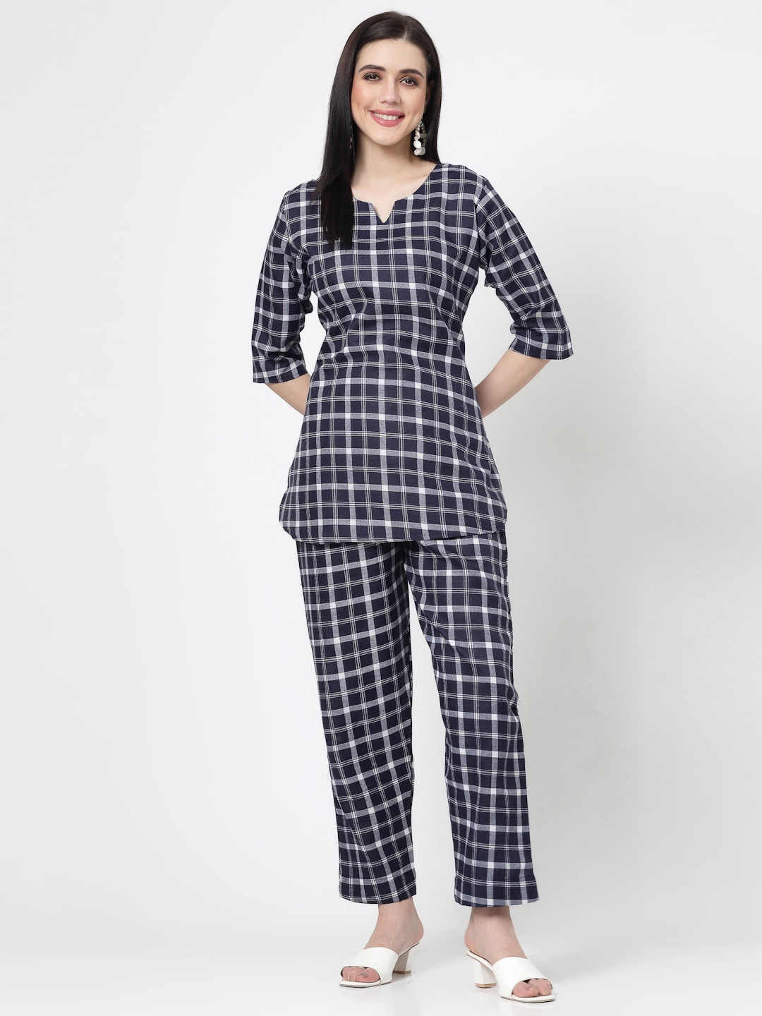 

KALINI Checked Pure Cotton Co-Ords, Navy blue