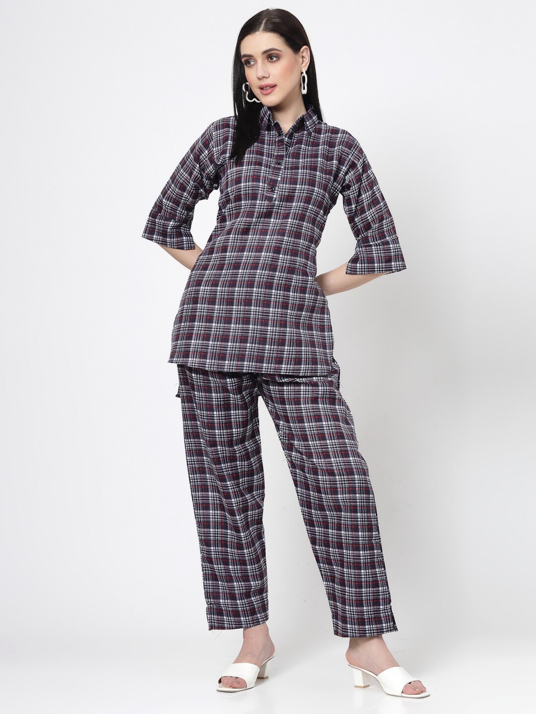 

KALINI Checked Pure Cotton Co-Ords, Navy blue