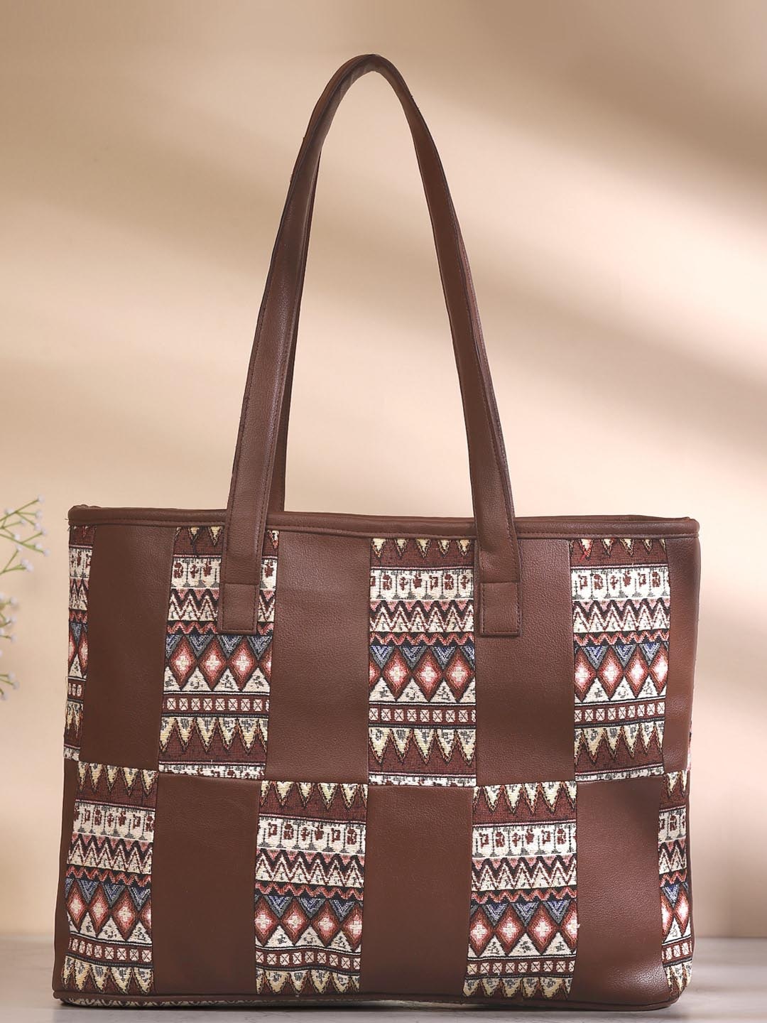 

DEEBACO Geometric Printed Oversized Shopper Shoulder Bag, Brown