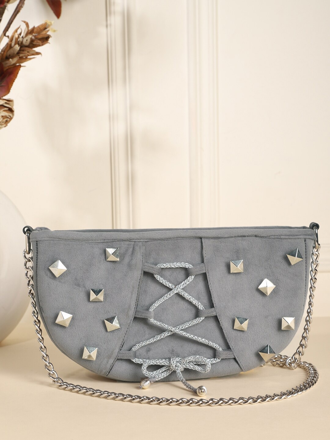 

DEEBACO Embellished Velvet Swagger Sling Bag, Grey
