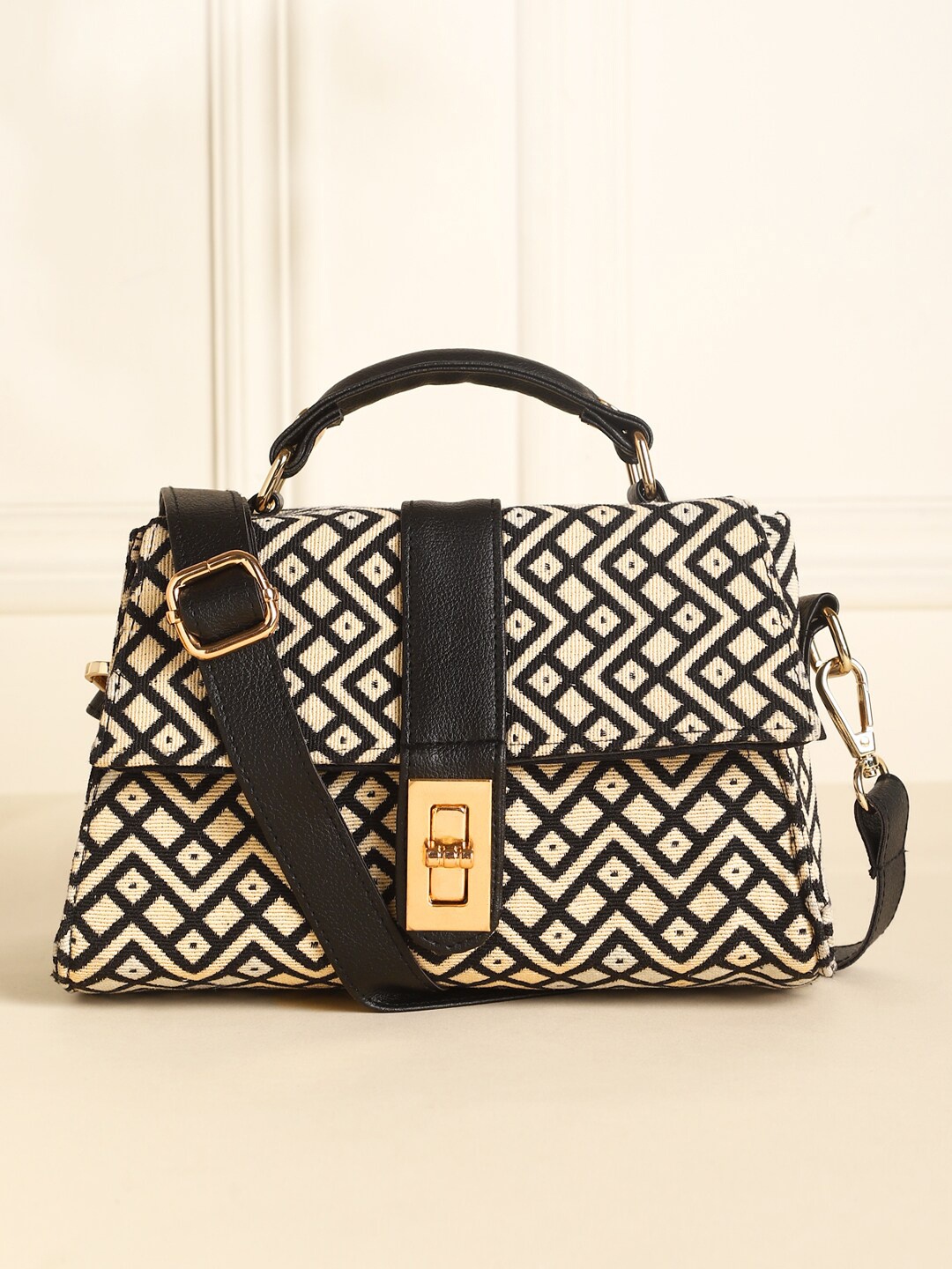 

DEEBACO Geometric Printed Structured Satchel, Beige