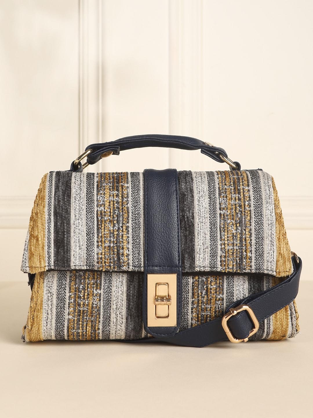 

DEEBACO Striped Structured Jacquard Satchel Bag, Navy blue