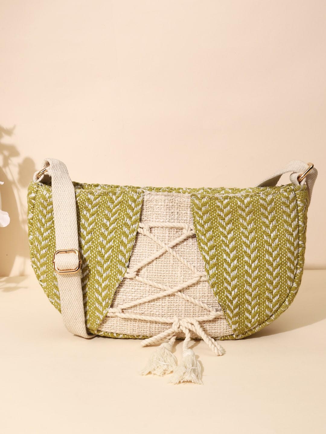 

DEEBACO Self Design Structured Jacquard Sling Bag, Green