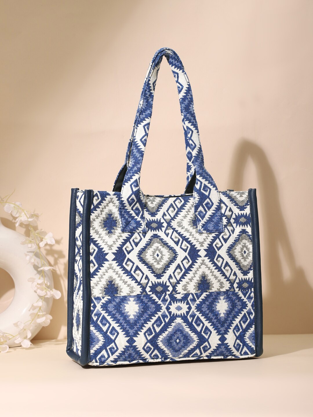 

DEEBACO Geometric Printed Structured Tote Bag, Blue