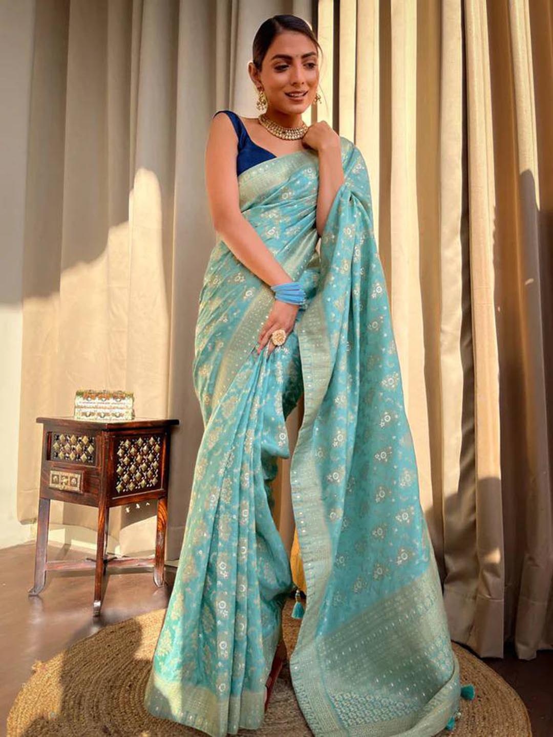 

bansari textiles Pure Silk Designer Banarasi Saree, Sea green