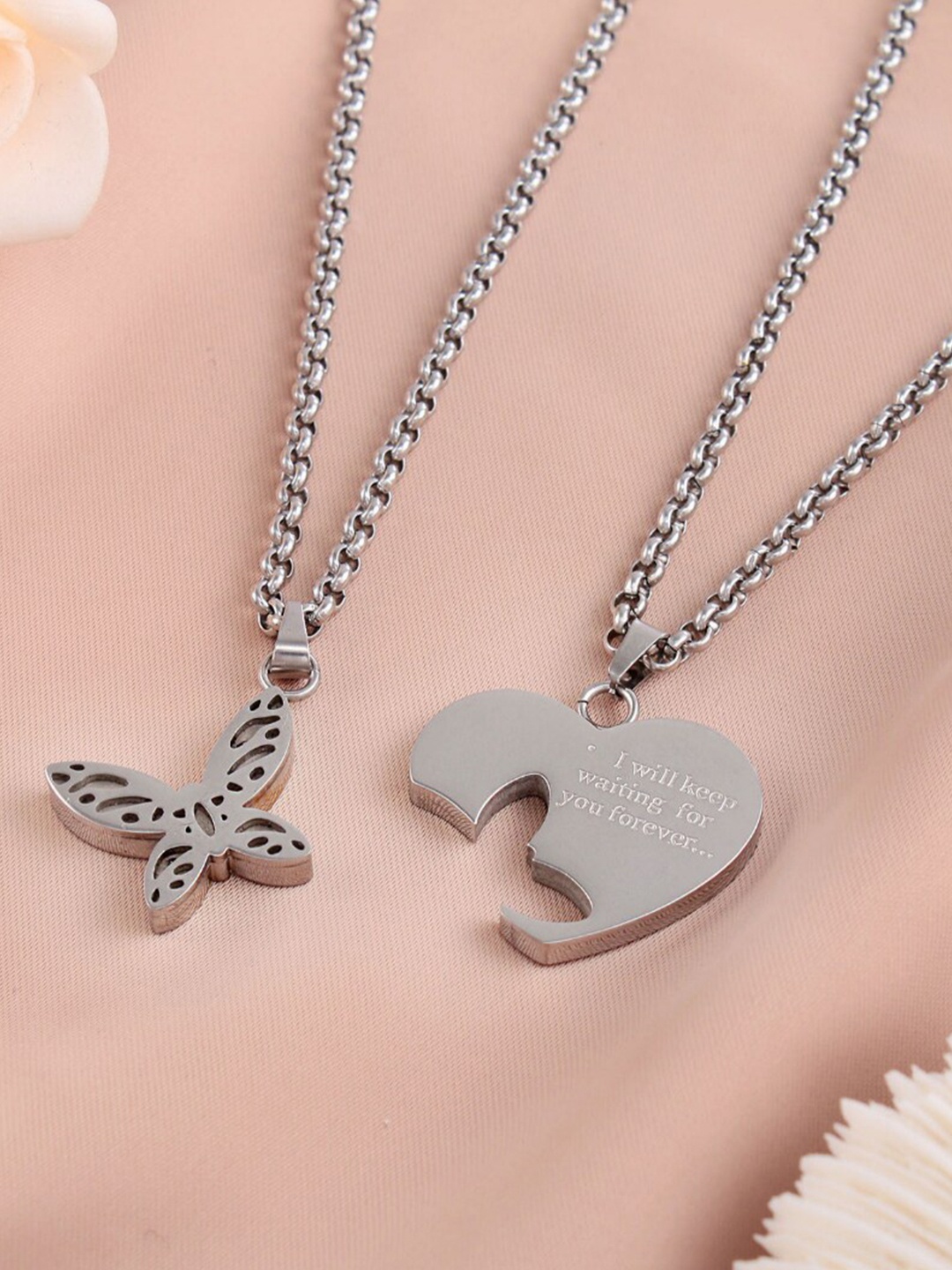 

DressBerry Pack Of 2 Silver-Toned Silver-Plated Stainless Steel Pendant with Chain