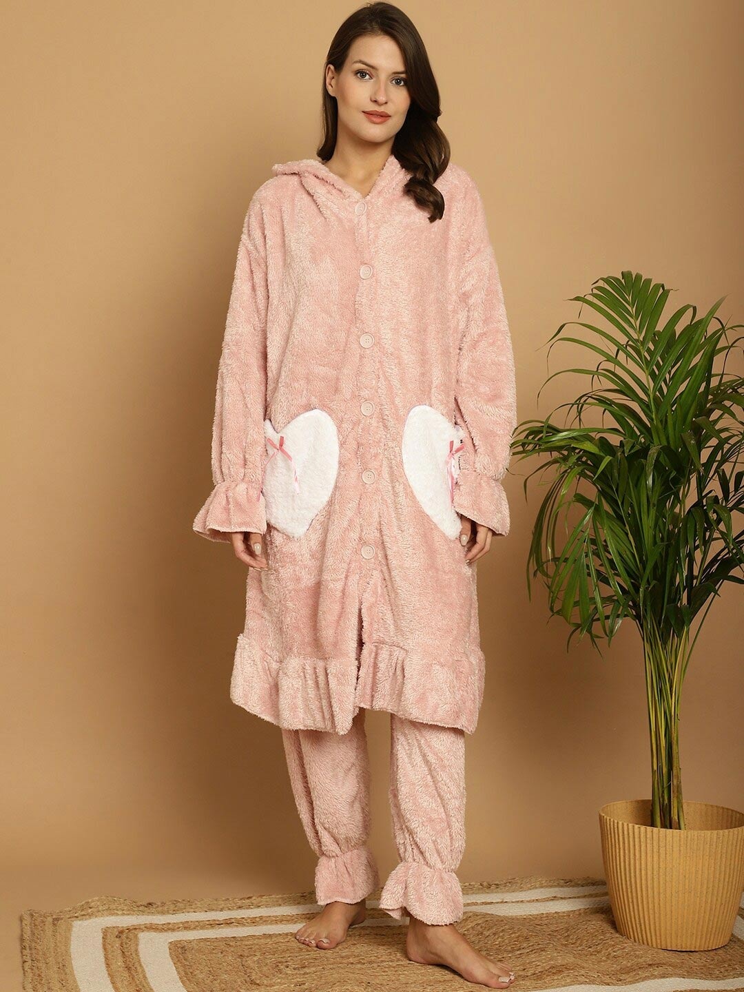 

TAG 7 Hooded Woollen Fur Night Suit, Pink