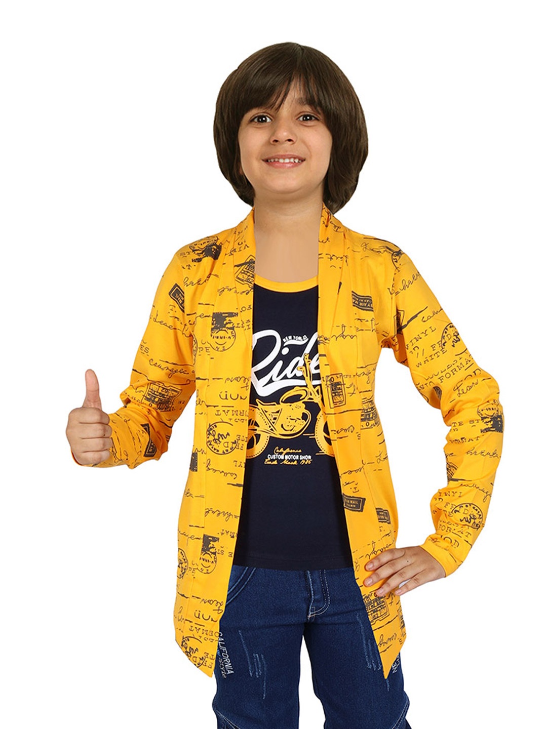 

BAESD Boys Typography Printed Cotton T-shirt Attached With Jacket, Mustard