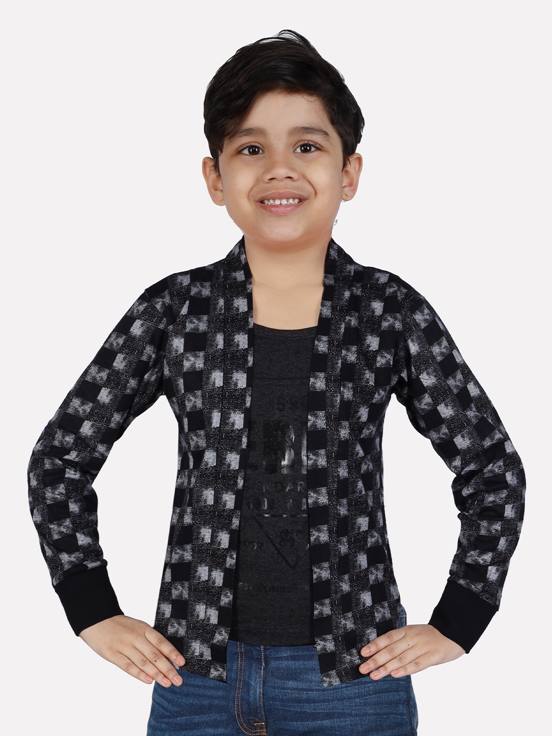 

BAESD Boys Checked Cotton Open Front Shrug, Black