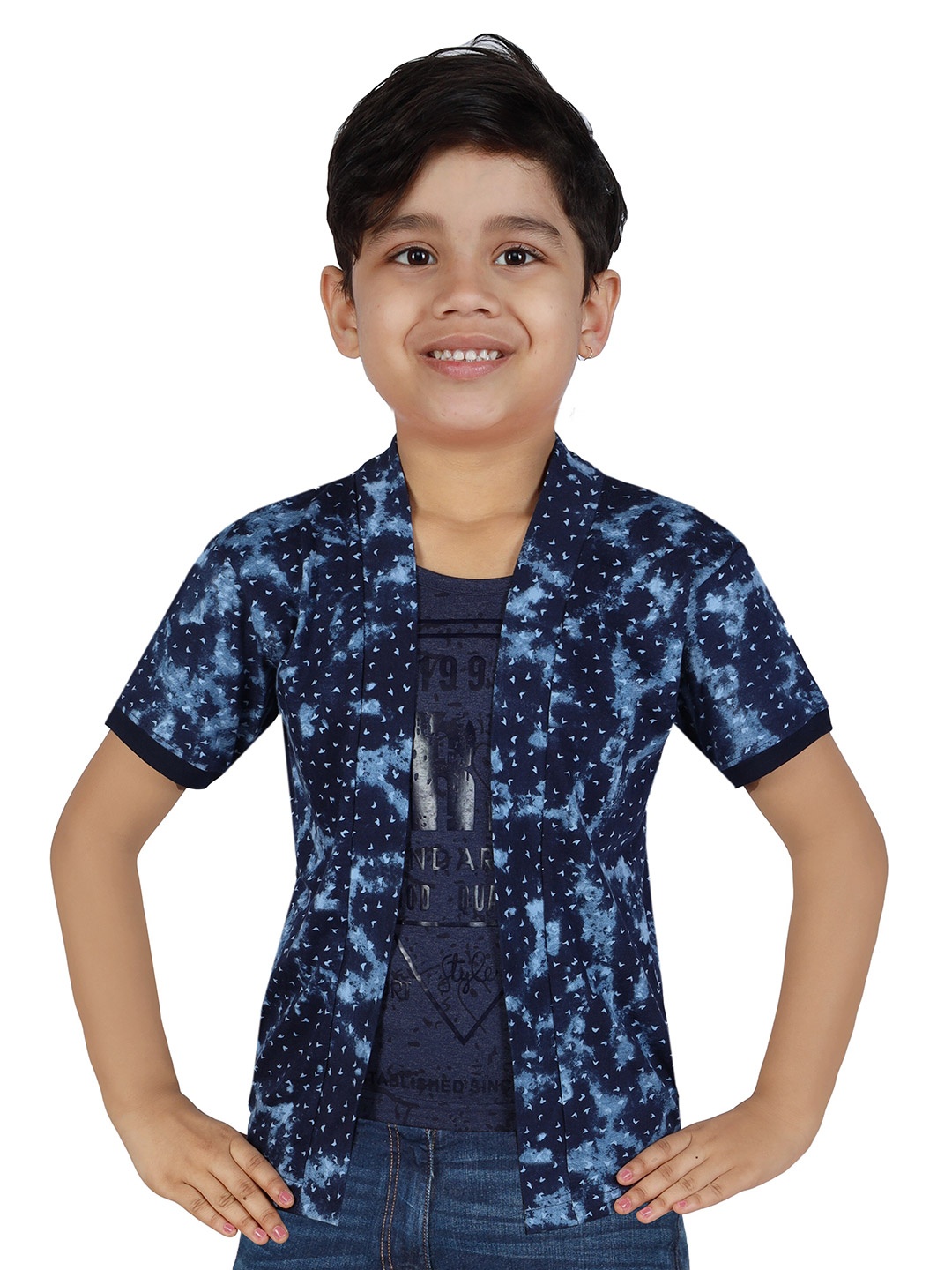 

BAESD Boys Typography Printed Cotton T-shirt Attached With Jacket, Navy blue