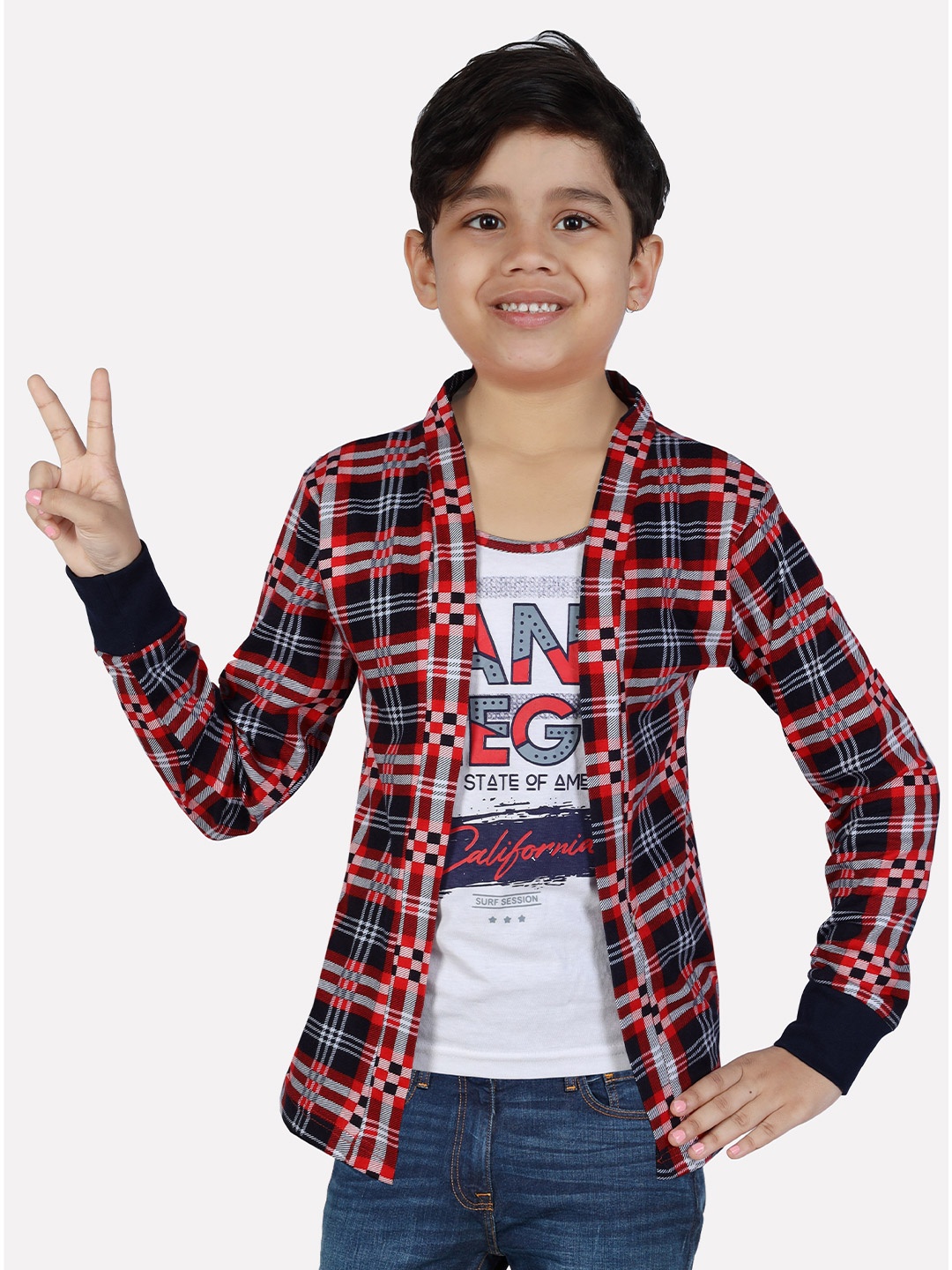 

BAESD Boys Checked Cotton Open Front Shrug, Red