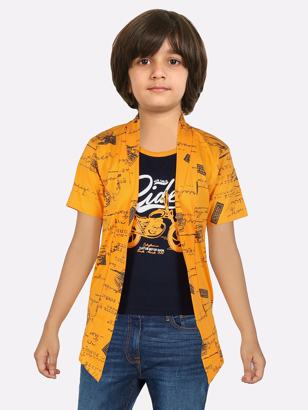 

BAESD Boys Typography Printed Cotton T-shirt Attached With Jacket, Mustard
