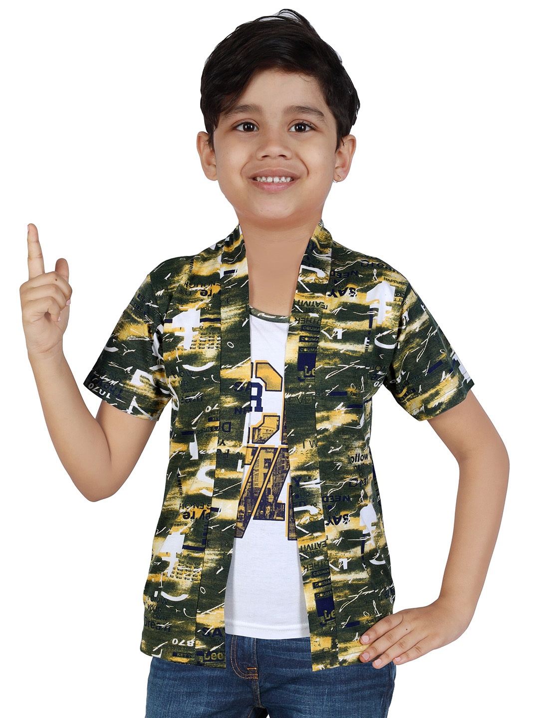 

BAESD Boys Abstract Printed Cotton Open Front Shrug, Green