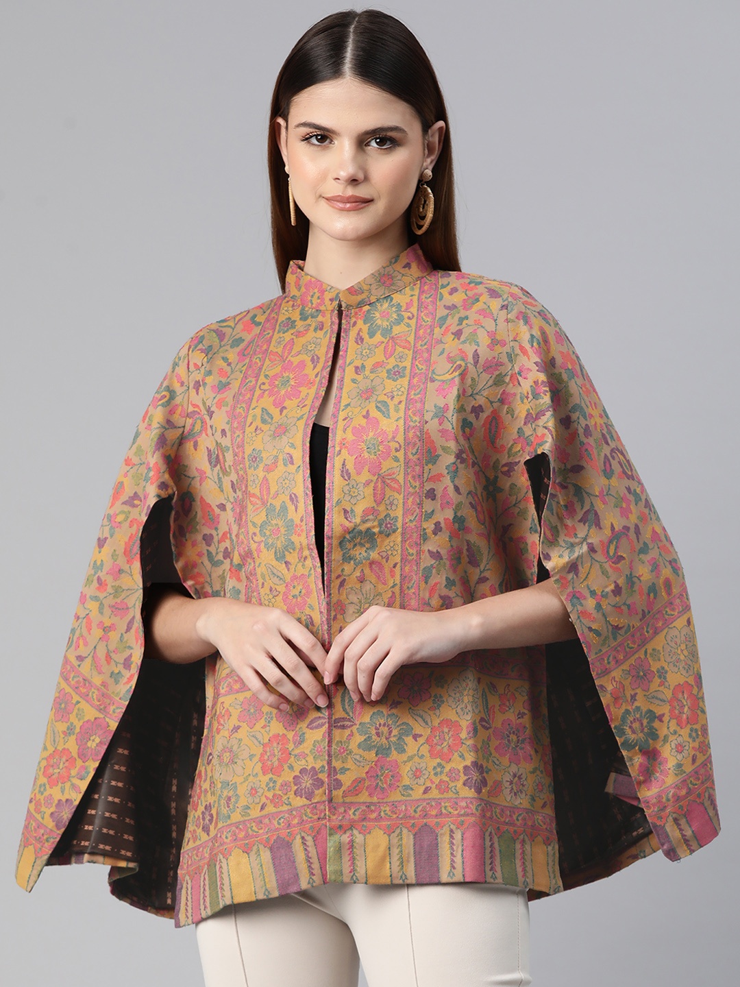 

WEAVERS VILLA Women Floral Printed Cashmere Poncho, Beige