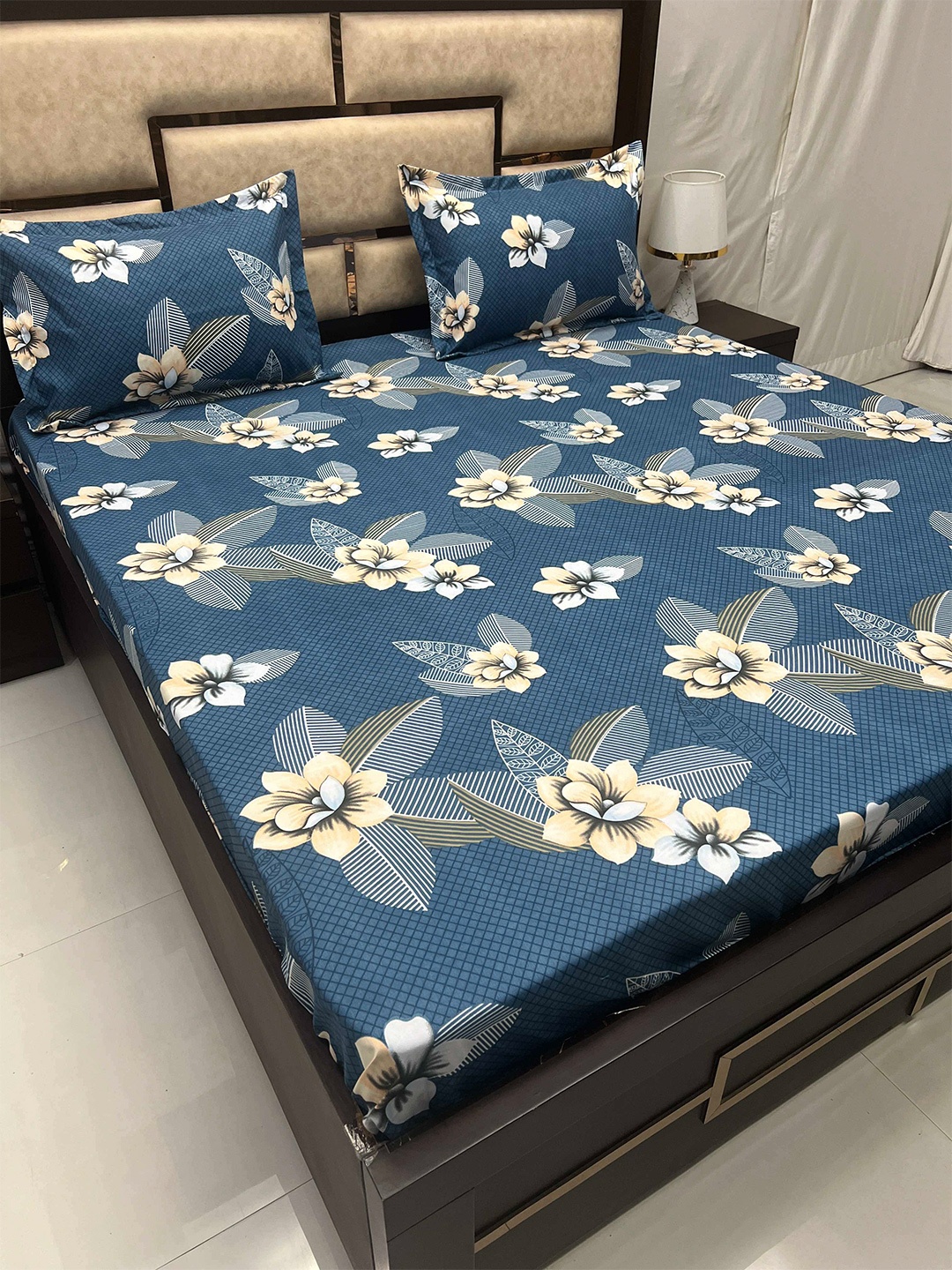 

Pure Decor Blue & Peach Floral Cotton 300 TC King Fitted Bedsheet with 2 Pillow Covers