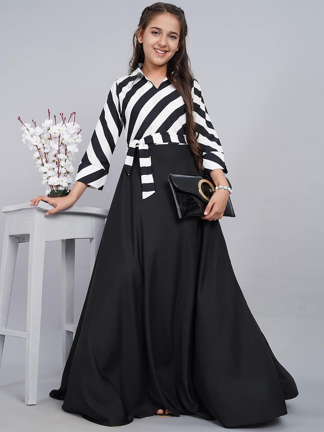 

BAESD Girls Floral Printed A-Line Shirt Collar Maxi Dress, Black