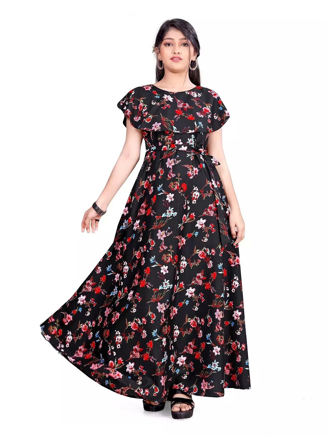 

BAESD Girls Floral Printed Flared Tie-Ups Maxi Dress, Black