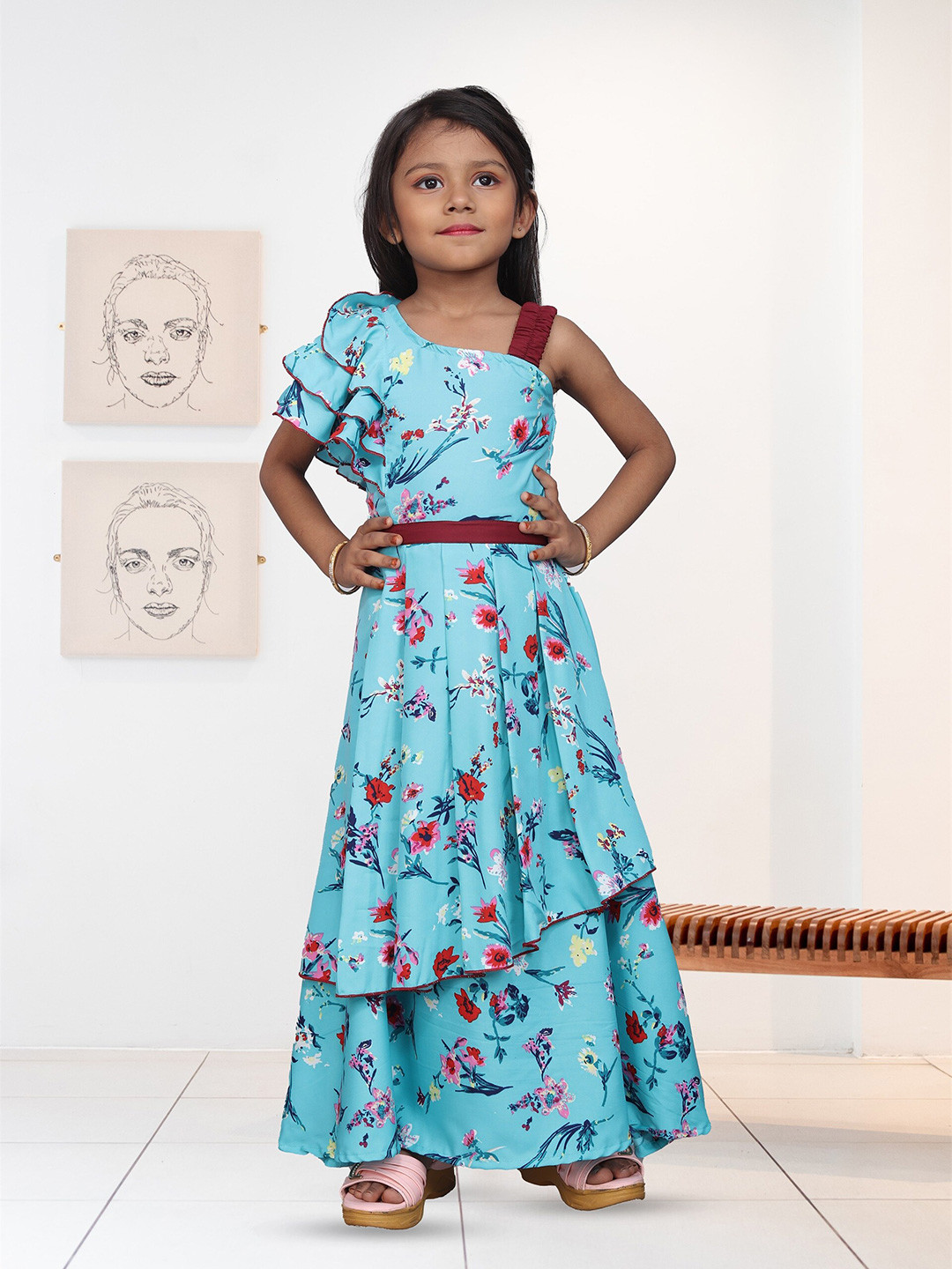 

BAESD Green Floral Print One Shoulder Cold-Shoulder Crepe A-Line Maxi Dress