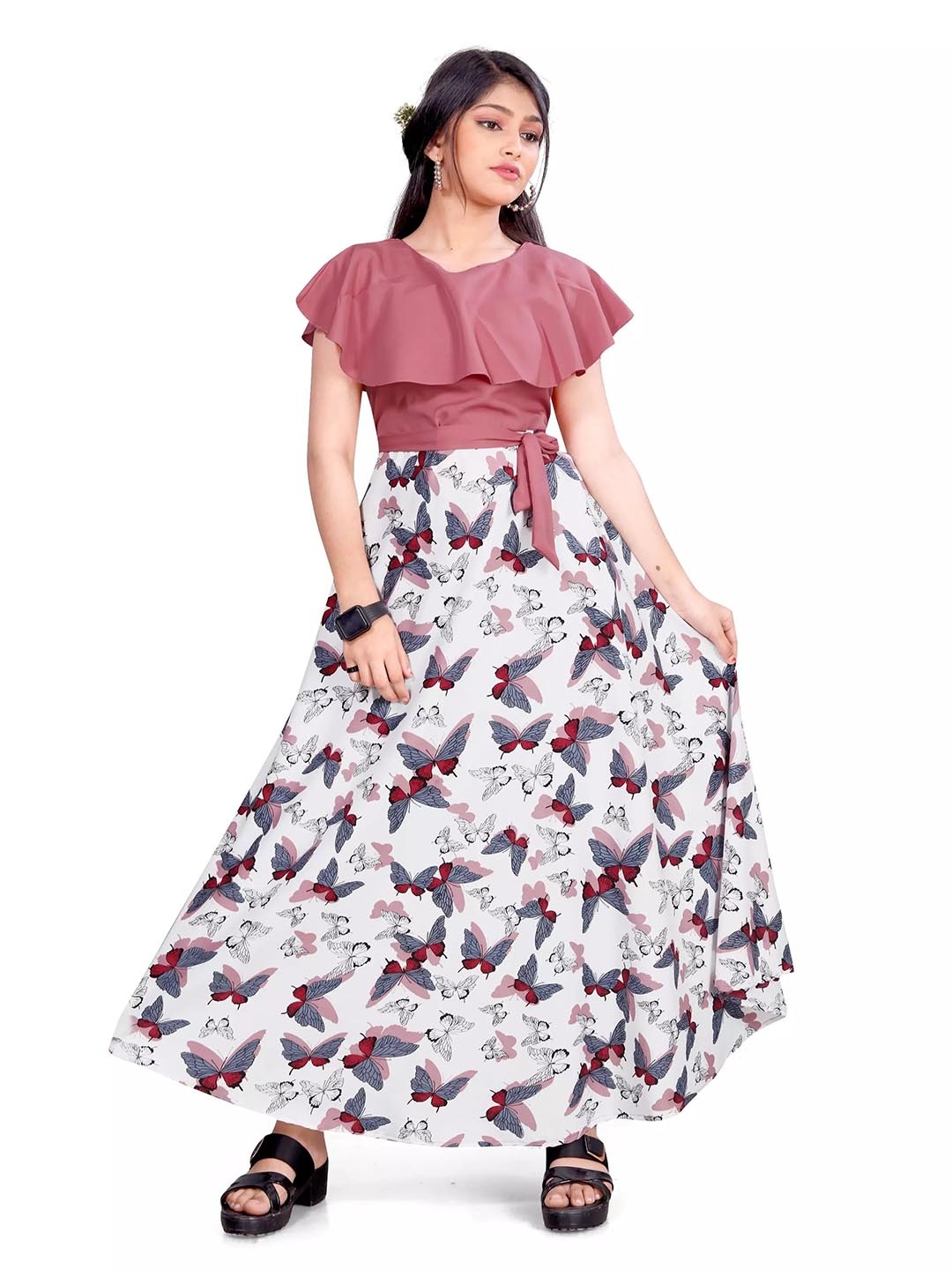 

BAESD Girl Floral Print Crepe Round Neck A-Line Maxi Dress, White