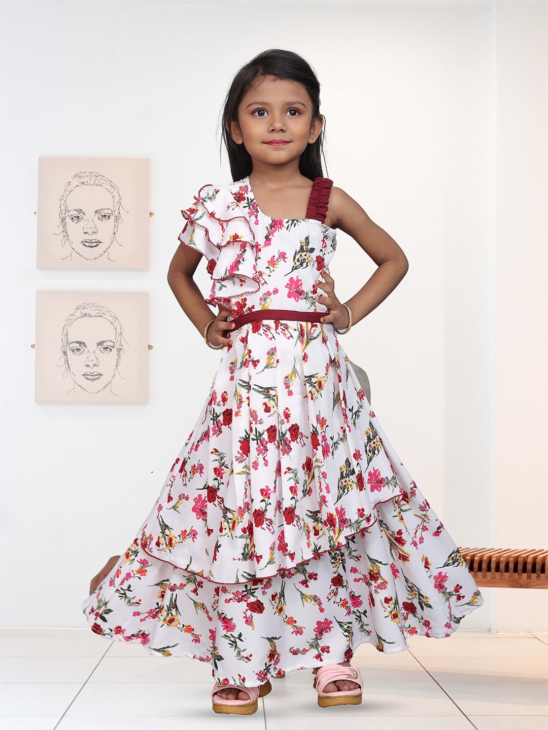 

BAESD Girls Floral Print Flutter Sleeve Tie-Ups Maxi Dress, White