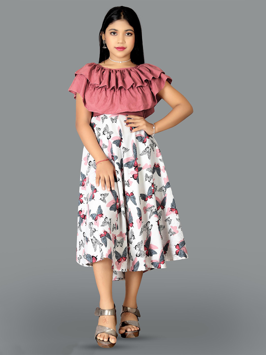 

BAESD Girl Floral Print Crepe Round Neck A-Line Midi Dress, White