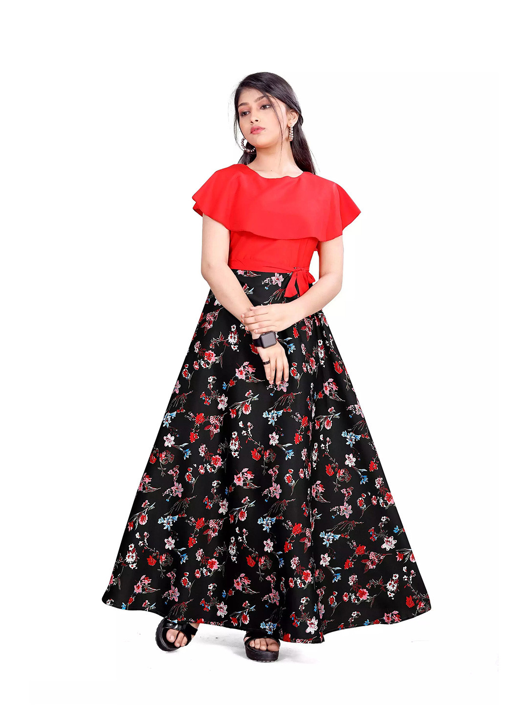 

BAESD Girl Floral Print Crepe Round Neck A-Line Maxi Dress, Black