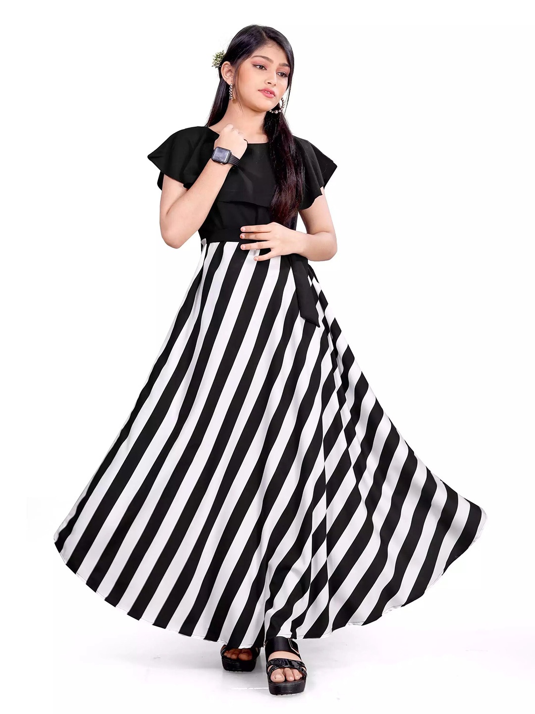 

BAESD Girl Striped Printed Round Neck Crepe A-Line Maxi Dress, Black