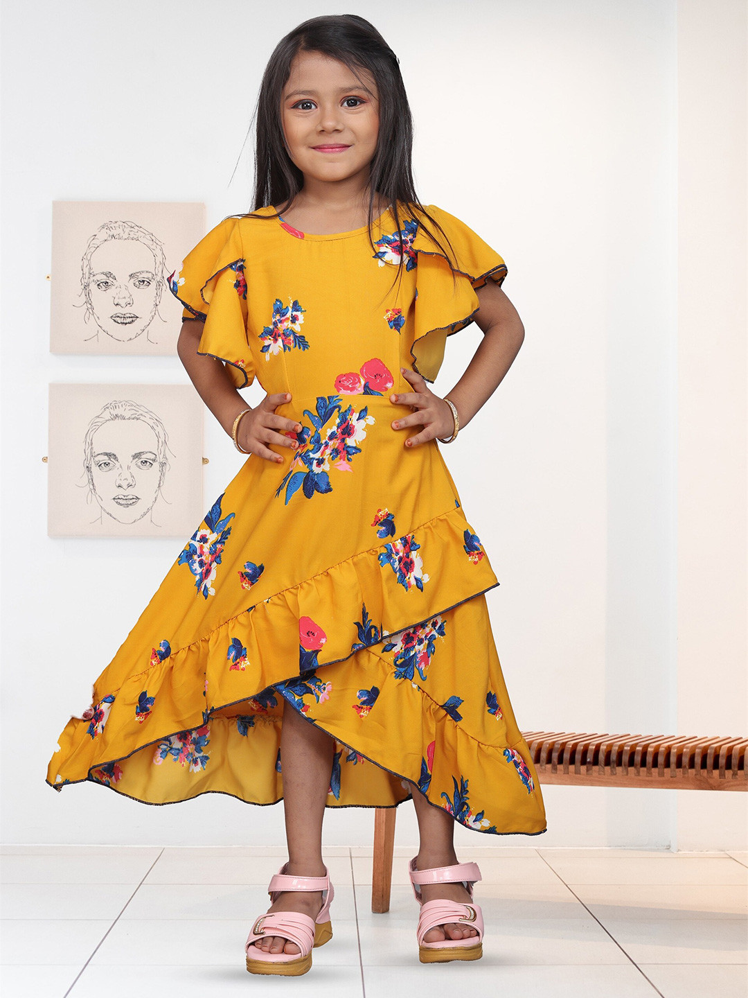 

BAESD Girl Floral Print Bell Sleeve Round Neck Crepe A-Line Midi Dress, Yellow