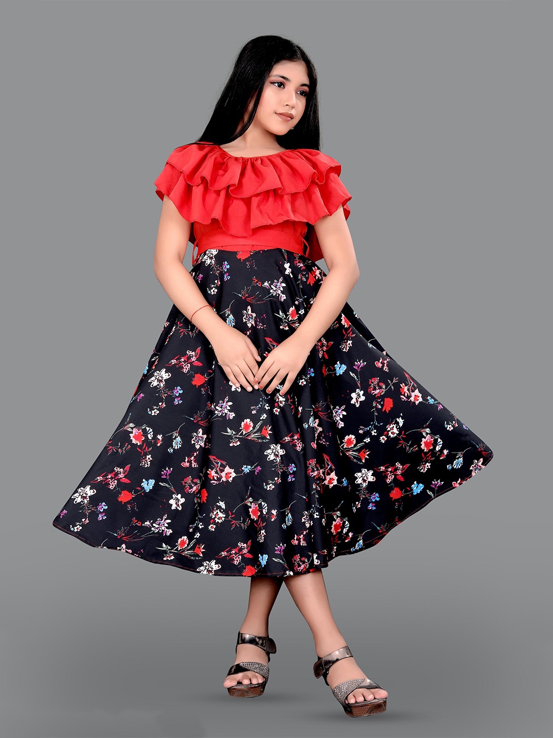 

BAESD Girl Floral Print Crepe Round Neck A-Line Midi Dress, Black