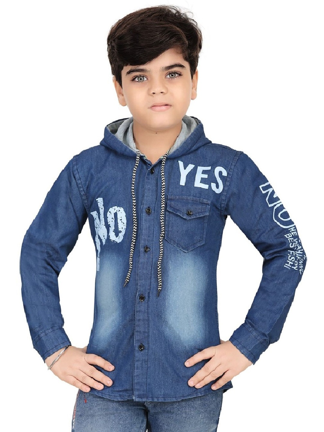 

BAESD Boys Hood Denim Faded Printed Casual Shirt, Blue