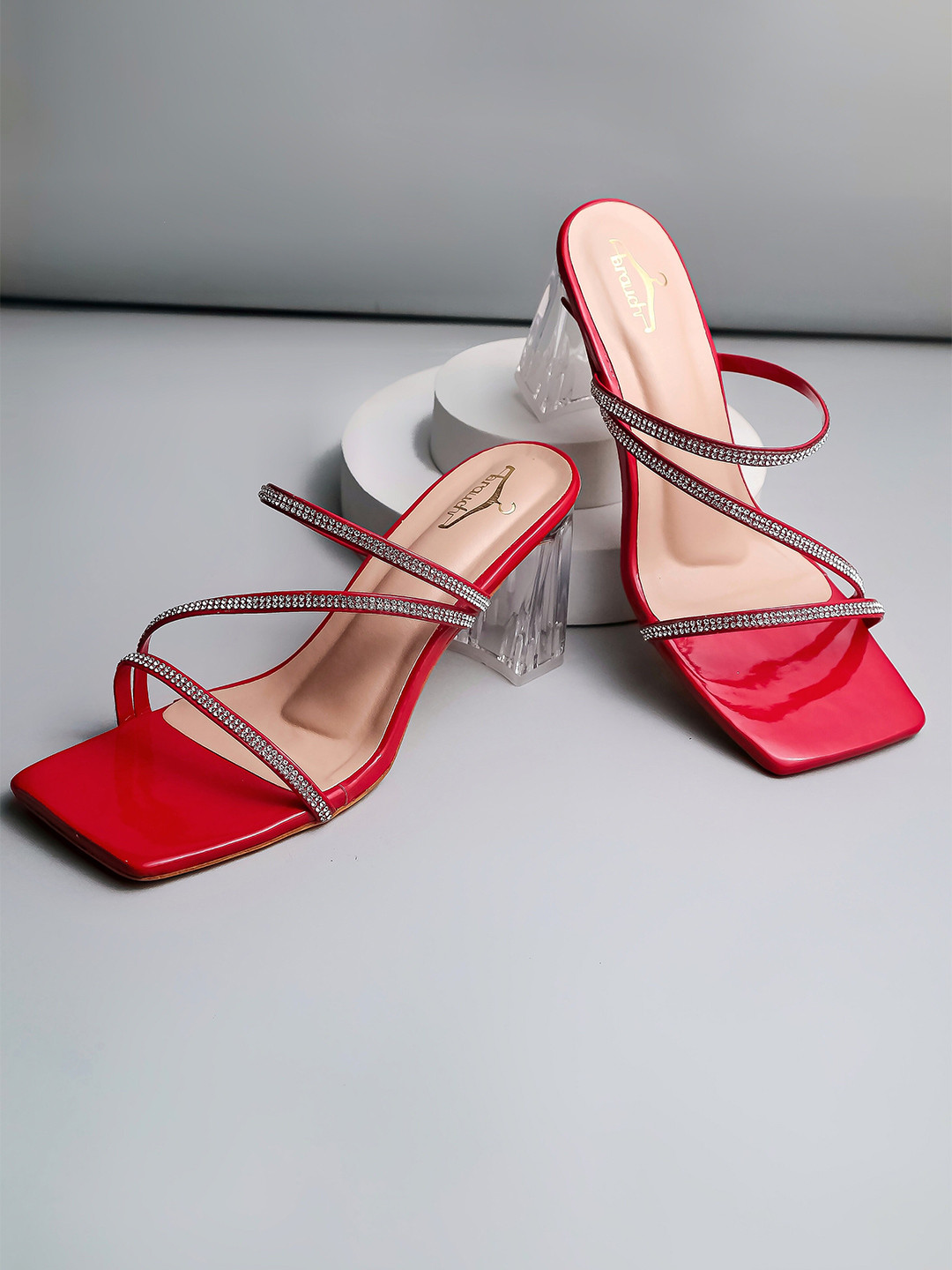 

Brauch Embellished Open Toe Block Heels, Red