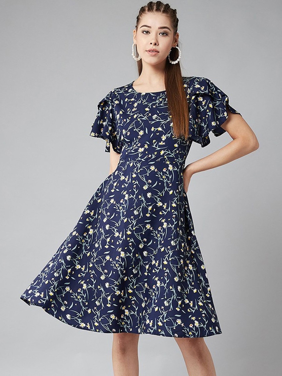 

BAESD Girl Floral Print Bell Sleeve Crepe A-Line Dress, Navy blue