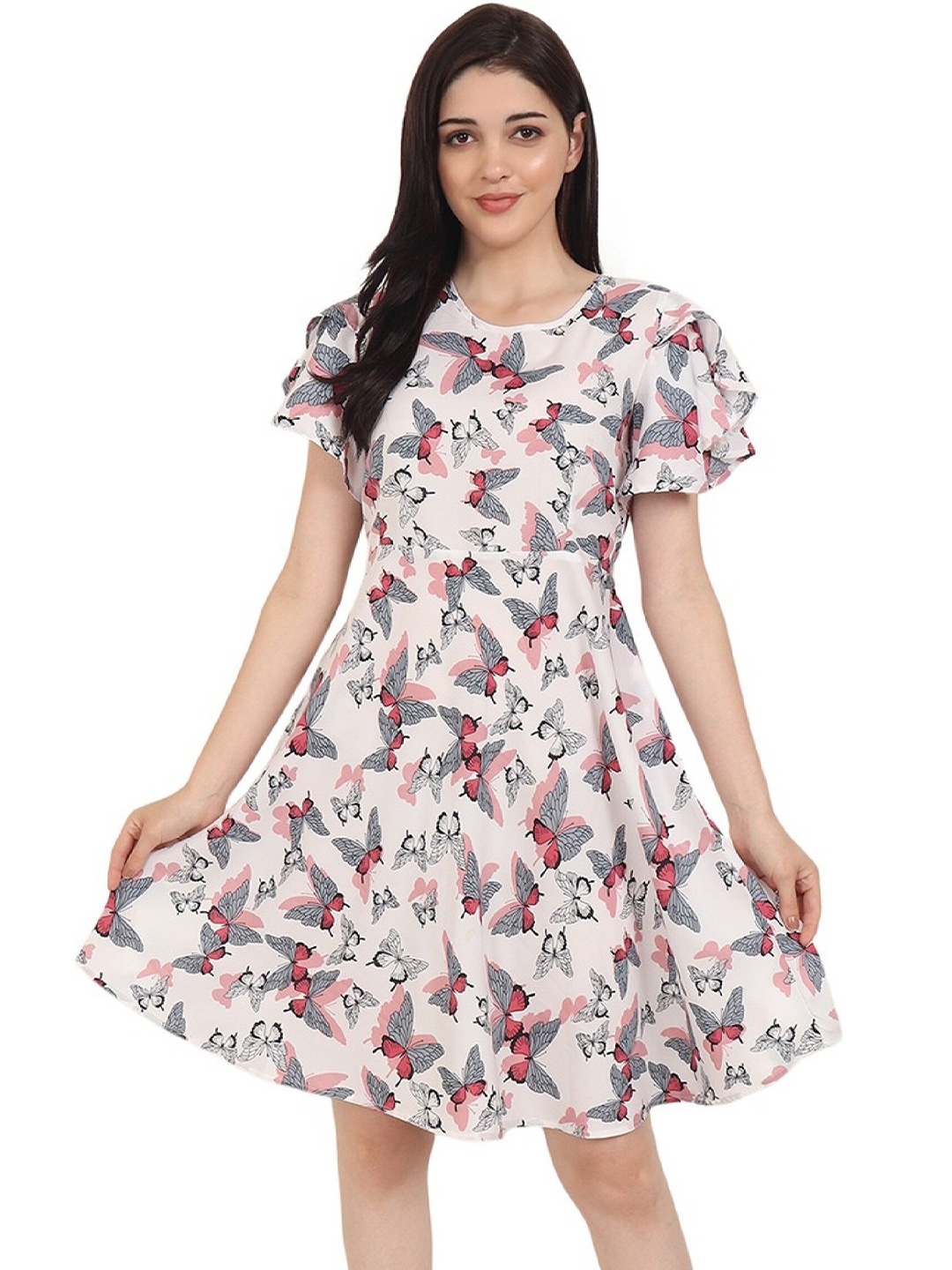 

BAESD Girl Floral Print Bell Sleeve Crepe A-Line Dress, White