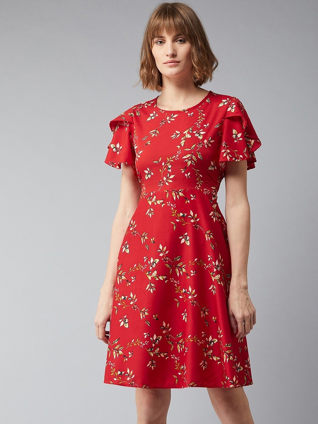 

BAESD Girl Floral Print Bell Sleeve Crepe A-Line Dress, Red