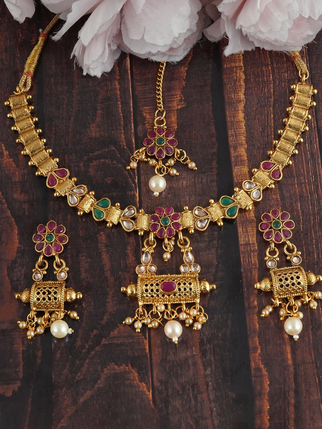 

MANSIYAORANGE Gold Plated Stones Studded & Beaded Jewellery Set