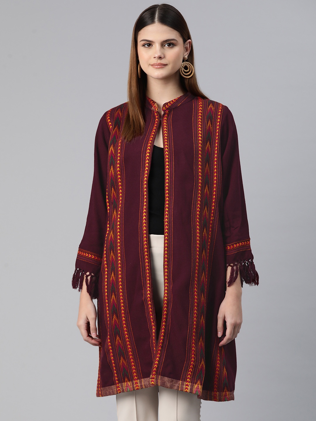 

WEAVERS VILLA Women Embroidered Cashmere Longline Poncho, Brown